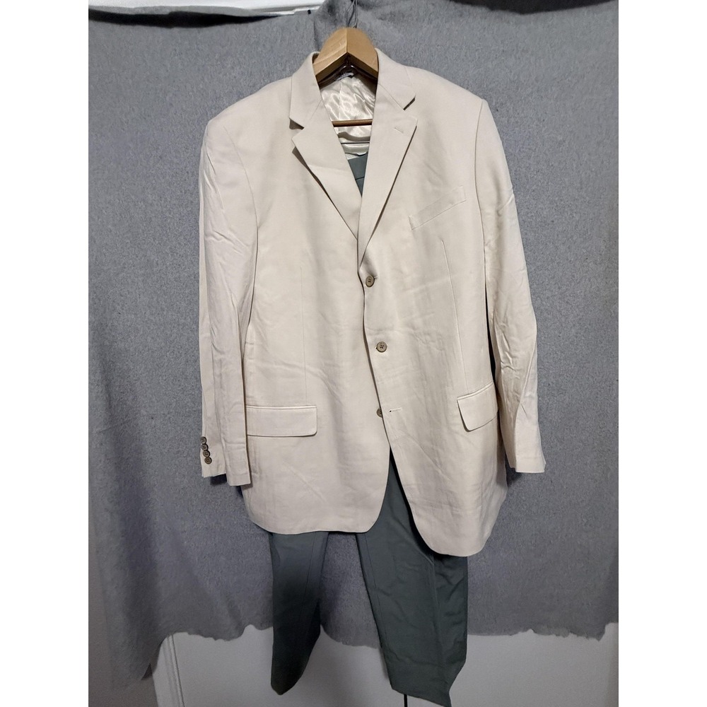 Linea Uomo Suit Mens 48XL 44x34 Beige Silk Jacket Green Wool‎ Pants Big Tall
